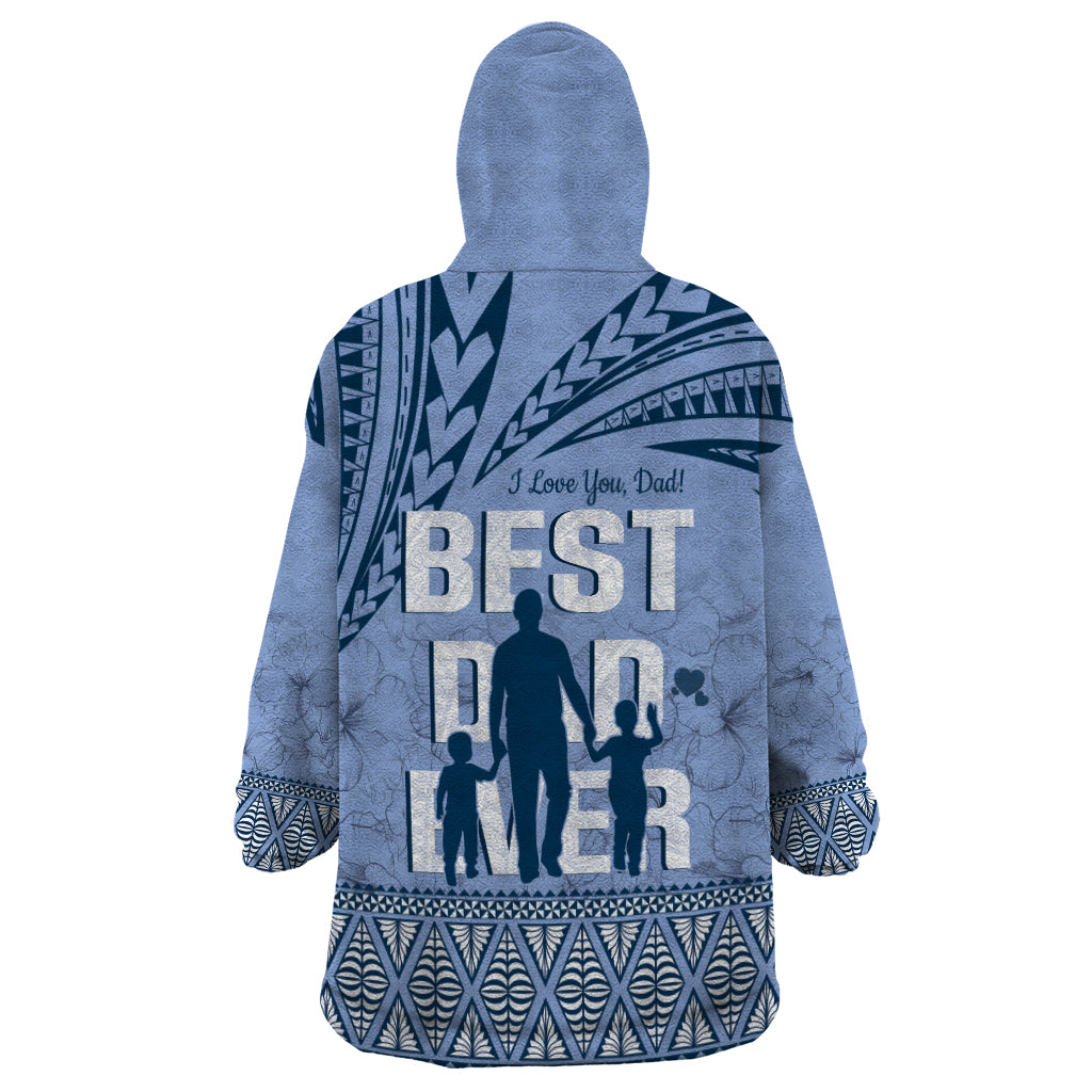 Tonga Father's Day Wearable Blanket Hoodie Best Dad Ever Tongan Ngatu Pattern - Blue LT14 - Polynesian Pride