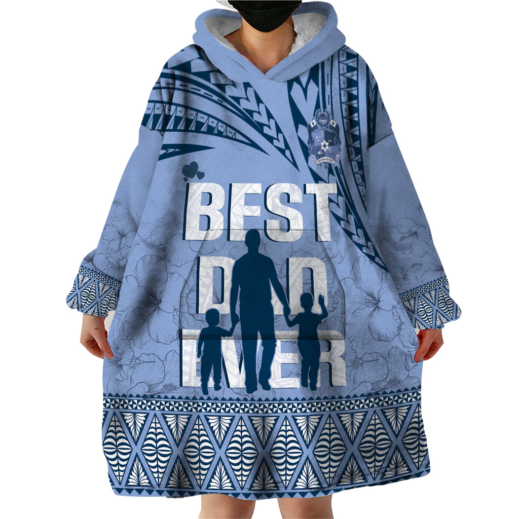 Tonga Father's Day Wearable Blanket Hoodie Best Dad Ever Tongan Ngatu Pattern - Blue LT14 - Polynesian Pride