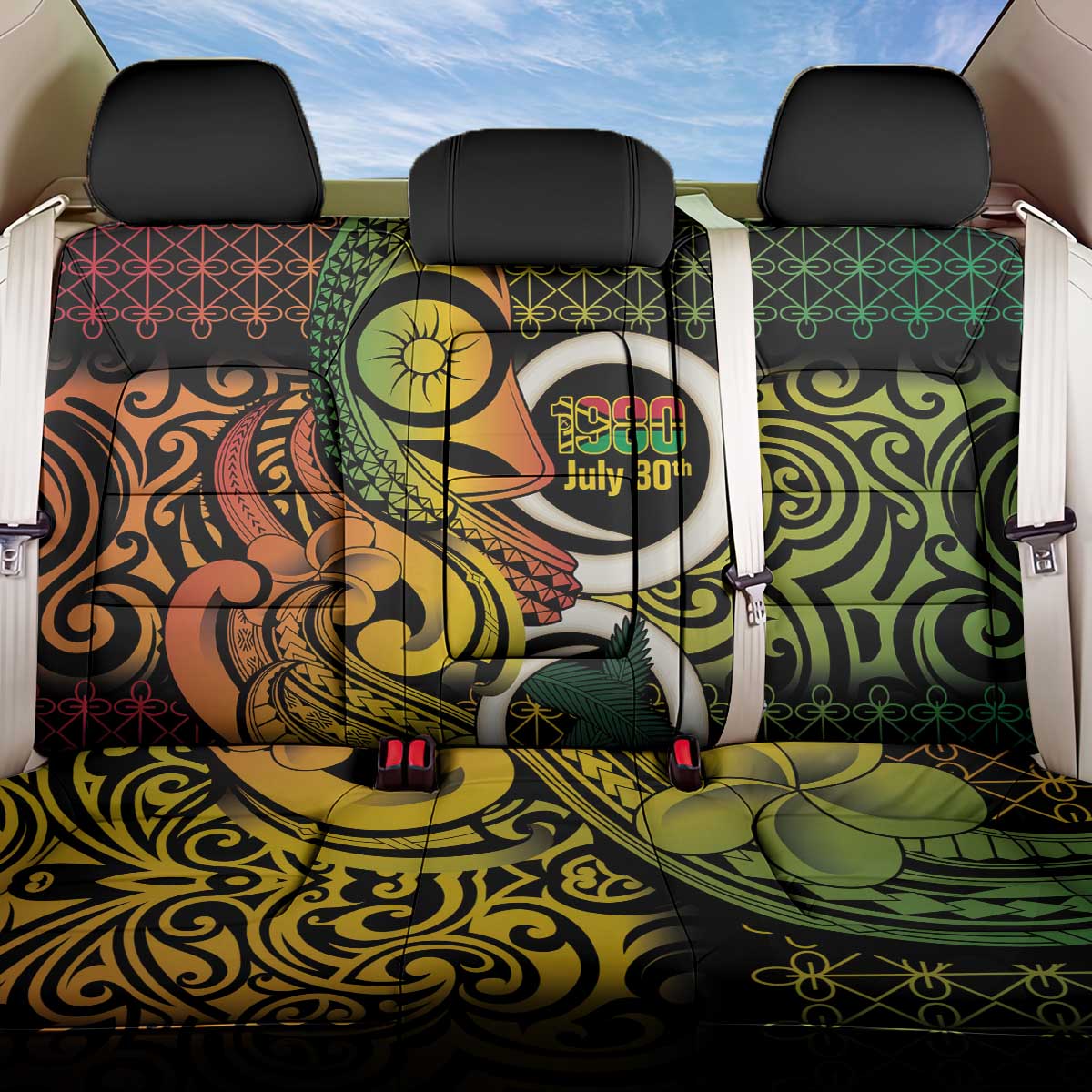 Vanuatu 1980 Back Car Seat Cover Ni-Van Tamtam Sand Drawing Pattern LT14 One Size Black - Polynesian Pride