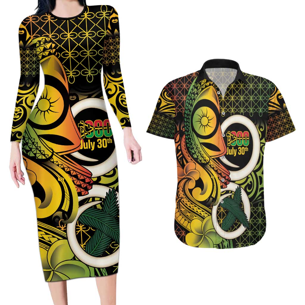 Vanuatu 1980 Couples Matching Long Sleeve Bodycon Dress and Hawaiian Shirt Ni-Van Tamtam Sand Drawing Pattern LT14 Black - Polynesian Pride