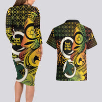 Vanuatu 1980 Couples Matching Long Sleeve Bodycon Dress and Hawaiian Shirt Ni-Van Tamtam Sand Drawing Pattern LT14 - Polynesian Pride