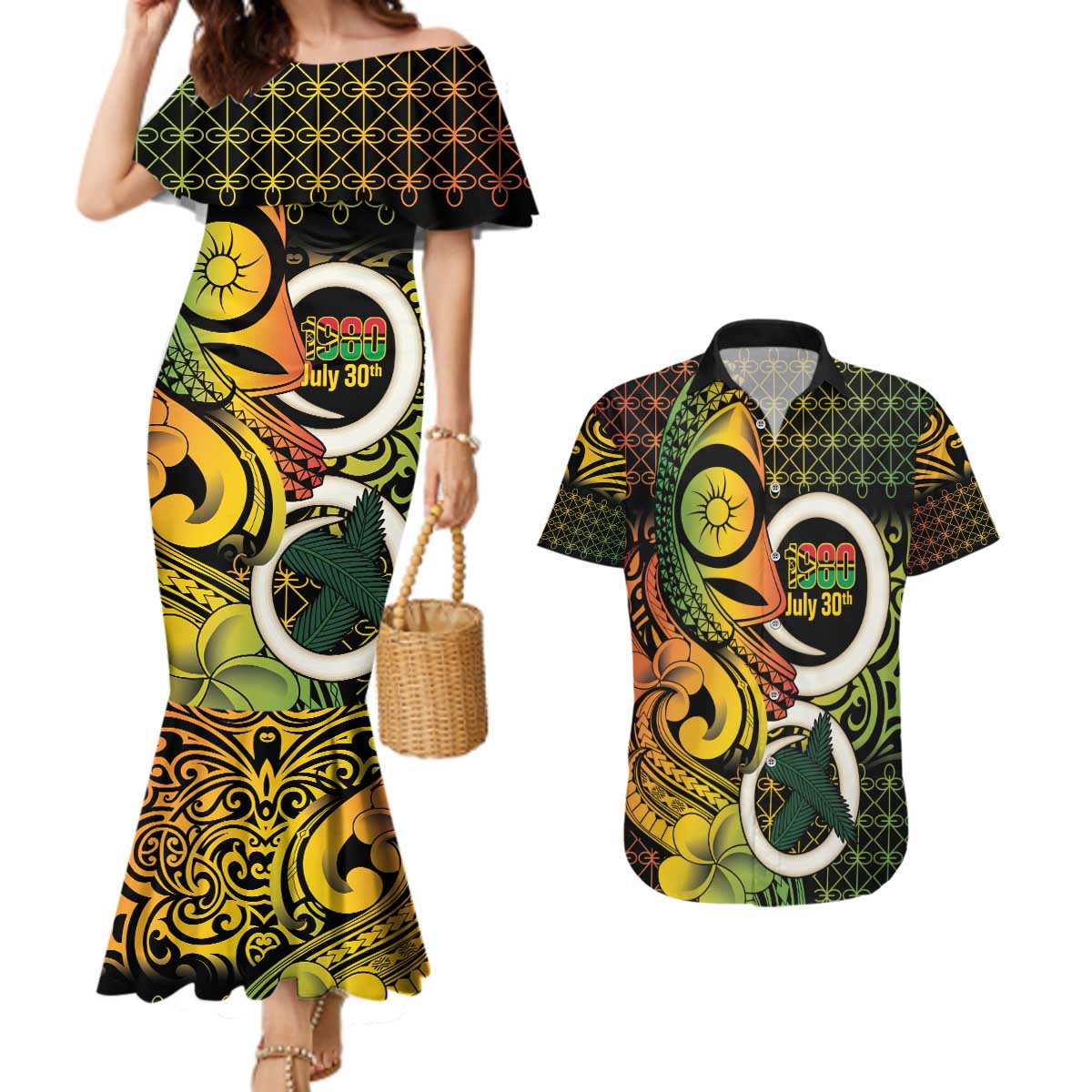 Vanuatu 1980 Couples Matching Mermaid Dress and Hawaiian Shirt Ni-Van Tamtam Sand Drawing Pattern LT14 Black - Polynesian Pride