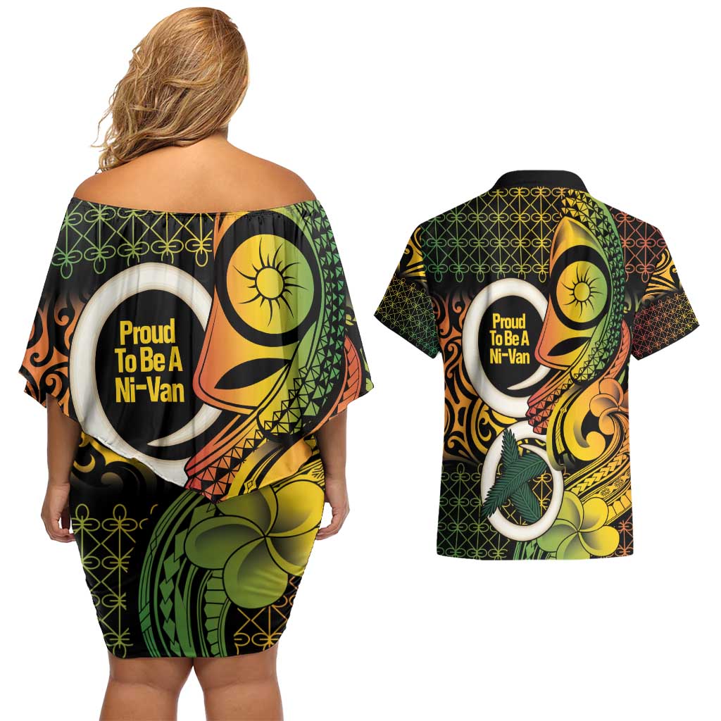 Vanuatu 1980 Couples Matching Off Shoulder Short Dress and Hawaiian Shirt Ni-Van Tamtam Sand Drawing Pattern
