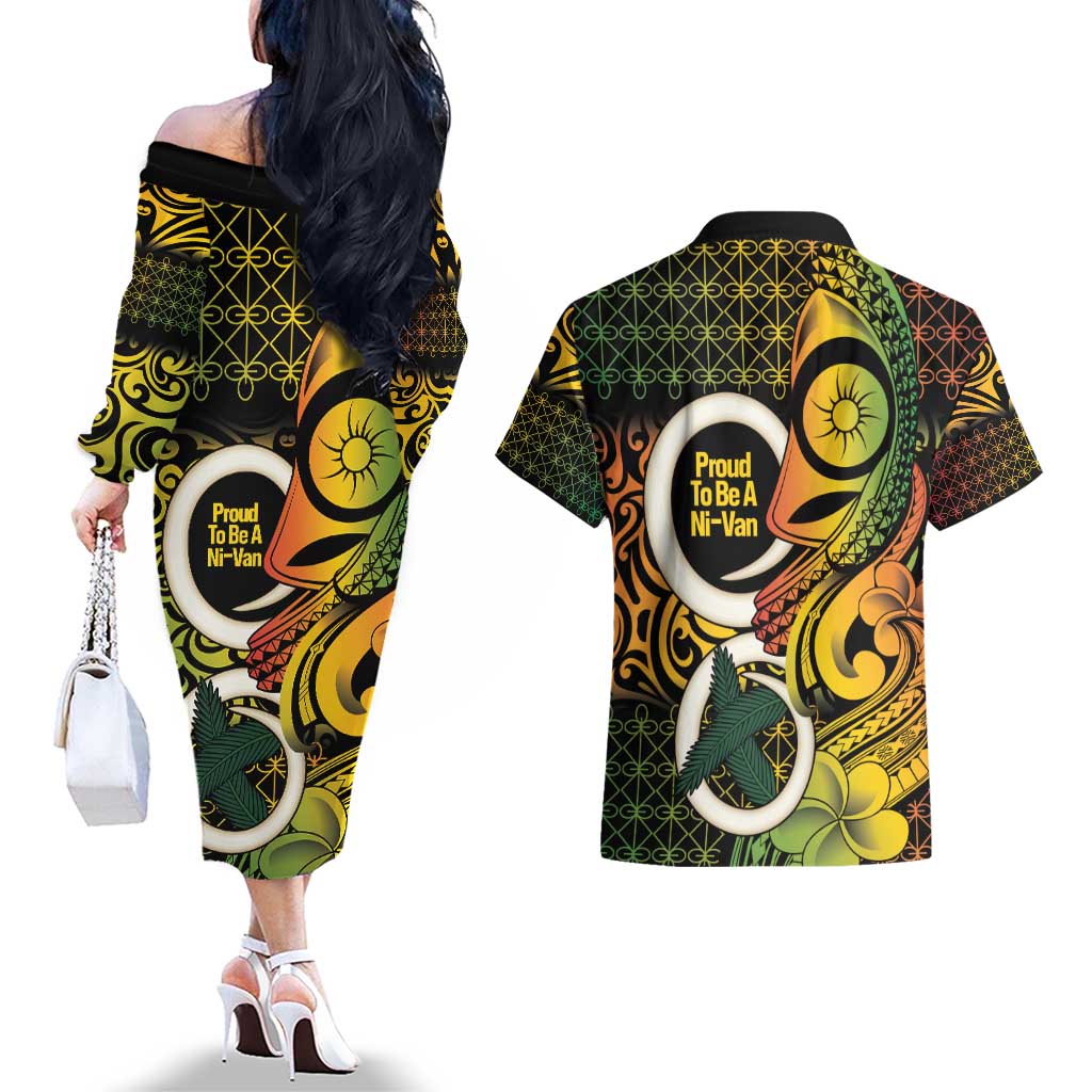Vanuatu 1980 Couples Matching Off The Shoulder Long Sleeve Dress and Hawaiian Shirt Ni-Van Tamtam Sand Drawing Pattern LT14 - Polynesian Pride