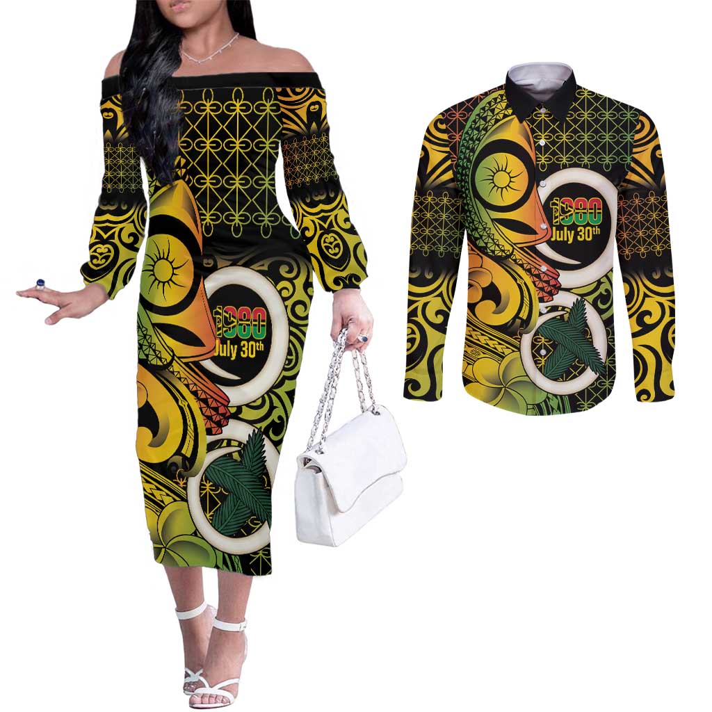 Vanuatu 1980 Couples Matching Off The Shoulder Long Sleeve Dress and Long Sleeve Button Shirt Ni-Van Tamtam Sand Drawing Pattern LT14 Black - Polynesian Pride