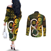 Vanuatu 1980 Couples Matching Off The Shoulder Long Sleeve Dress and Long Sleeve Button Shirt Ni-Van Tamtam Sand Drawing Pattern LT14 - Polynesian Pride