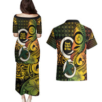 Vanuatu 1980 Couples Matching Puletasi and Hawaiian Shirt Ni-Van Tamtam Sand Drawing Pattern