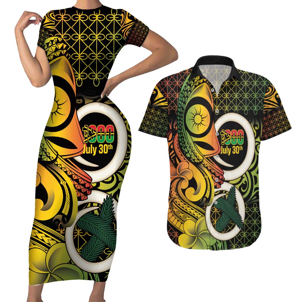 Vanuatu 1980 Couples Matching Short Sleeve Bodycon Dress and Hawaiian Shirt Ni-Van Tamtam Sand Drawing Pattern LT14 Black - Polynesian Pride