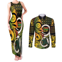 Vanuatu 1980 Couples Matching Tank Maxi Dress and Long Sleeve Button Shirt Ni-Van Tamtam Sand Drawing Pattern LT14 Black - Polynesian Pride