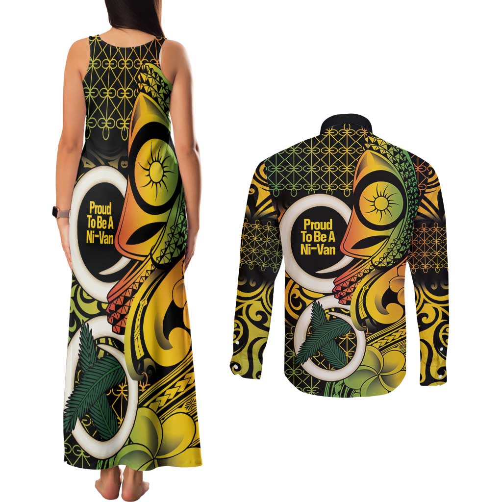 Vanuatu 1980 Couples Matching Tank Maxi Dress and Long Sleeve Button Shirt Ni-Van Tamtam Sand Drawing Pattern LT14 - Polynesian Pride