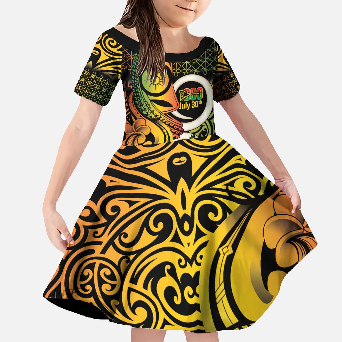 Vanuatu 1980 Family Matching Off The Shoulder Long Sleeve Dress and Hawaiian Shirt Ni-Van Tamtam Sand Drawing Pattern LT14 Daughter's Dress Black - Polynesian Pride