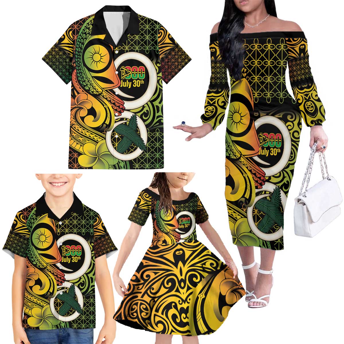 Vanuatu 1980 Family Matching Off The Shoulder Long Sleeve Dress and Hawaiian Shirt Ni-Van Tamtam Sand Drawing Pattern LT14 - Polynesian Pride