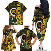 Vanuatu 1980 Family Matching Off The Shoulder Long Sleeve Dress and Hawaiian Shirt Ni-Van Tamtam Sand Drawing Pattern LT14 - Polynesian Pride