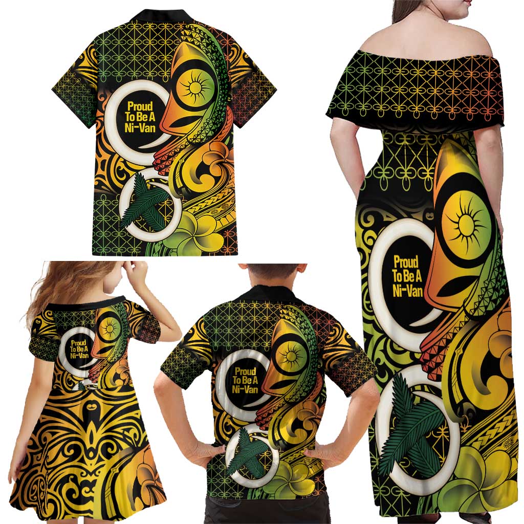 Vanuatu 1980 Family Matching Off Shoulder Maxi Dress and Hawaiian Shirt Ni-Van Tamtam Sand Drawing Pattern LT14 - Polynesian Pride