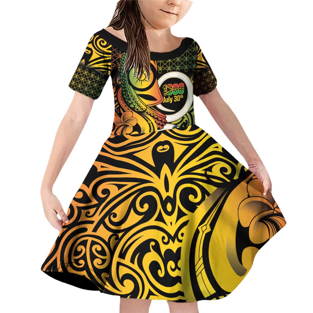 Vanuatu 1980 Family Matching Off Shoulder Short Dress and Hawaiian Shirt Ni-Van Tamtam Sand Drawing Pattern LT14 Daughter's Dress Black - Polynesian Pride