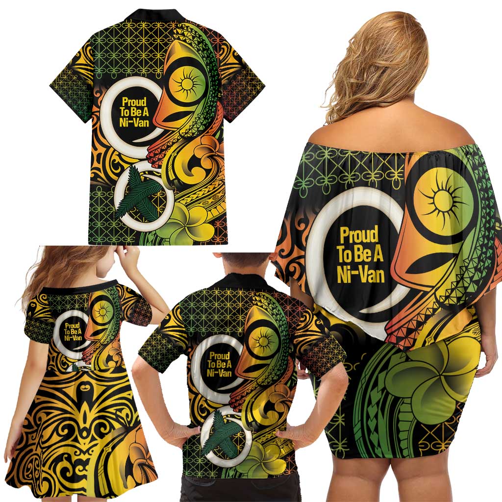 Vanuatu 1980 Family Matching Off Shoulder Short Dress and Hawaiian Shirt Ni-Van Tamtam Sand Drawing Pattern LT14 - Polynesian Pride