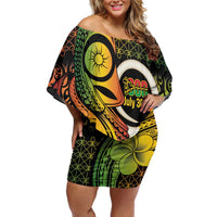 Vanuatu 1980 Family Matching Off Shoulder Short Dress and Hawaiian Shirt Ni-Van Tamtam Sand Drawing Pattern LT14 Mom's Dress Black - Polynesian Pride