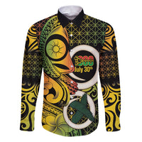 Vanuatu 1980 Family Matching Puletasi and Hawaiian Shirt Ni-Van Tamtam Sand Drawing Pattern LT14 Dad's Shirt - Long Sleeve Black - Polynesian Pride