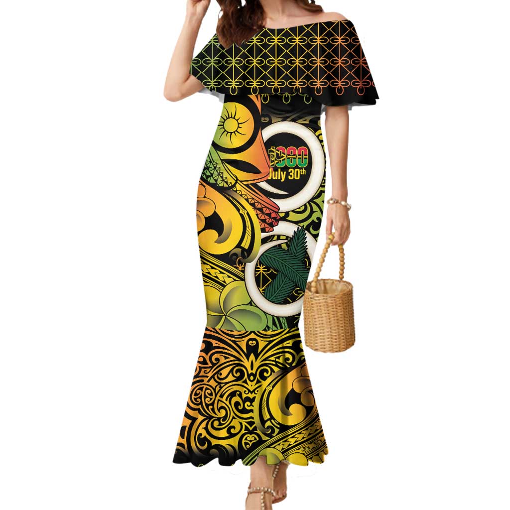 Vanuatu 1980 Mermaid Dress Ni-Van Tamtam Sand Drawing Pattern LT14 Women Black - Polynesian Pride