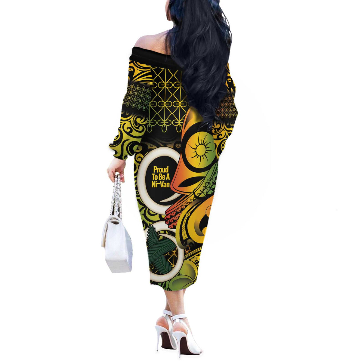 Vanuatu 1980 Off The Shoulder Long Sleeve Dress Ni-Van Tamtam Sand Drawing Pattern