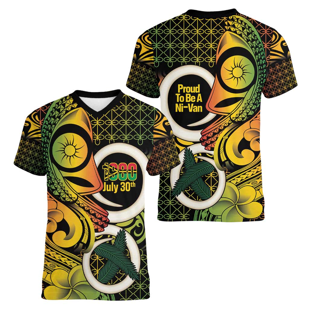 Vanuatu 1980 Women V-Neck T-Shirt Ni-Van Tamtam Sand Drawing Pattern