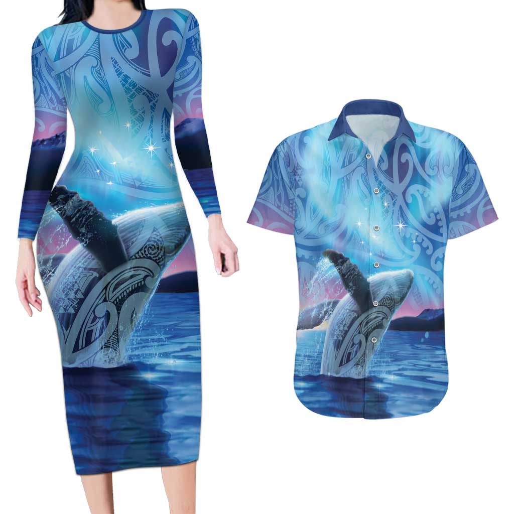 New Zealand Matariki Humpback Whale Couples Matching Long Sleeve Bodycon Dress and Hawaiian Shirt Paikea Maori New Year Blue Galaxy