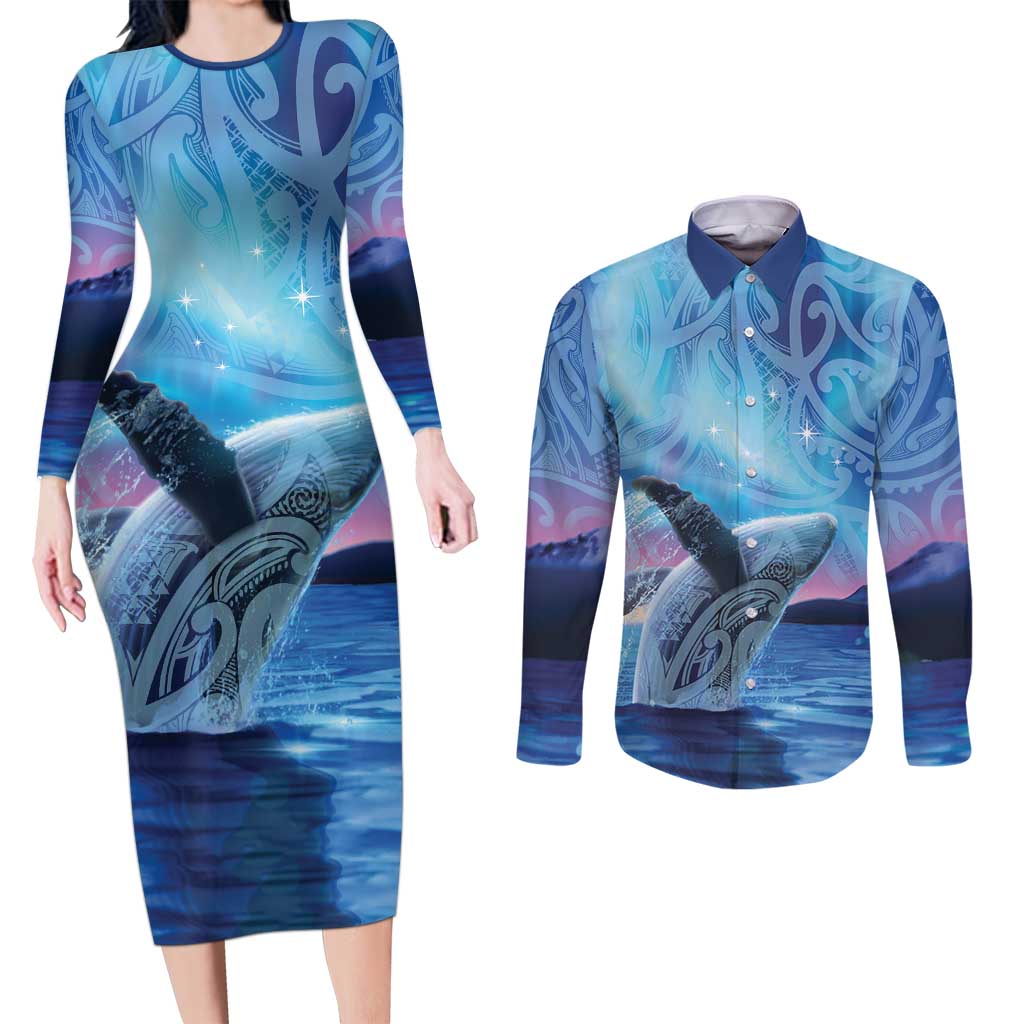 New Zealand Matariki Humpback Whale Couples Matching Long Sleeve Bodycon Dress and Long Sleeve Button Shirt Paikea Maori New Year Blue Galaxy LT14 Blue - Polynesian Pride