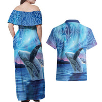 New Zealand Matariki Humpback Whale Couples Matching Off Shoulder Maxi Dress and Hawaiian Shirt Paikea Maori New Year Blue Galaxy LT14 - Polynesian Pride