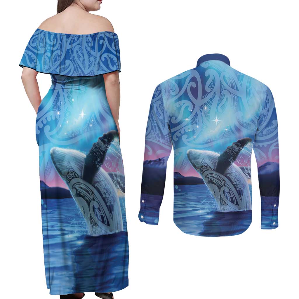 New Zealand Matariki Humpback Whale Couples Matching Off Shoulder Maxi Dress and Long Sleeve Button Shirt Paikea Maori New Year Blue Galaxy LT14 - Polynesian Pride