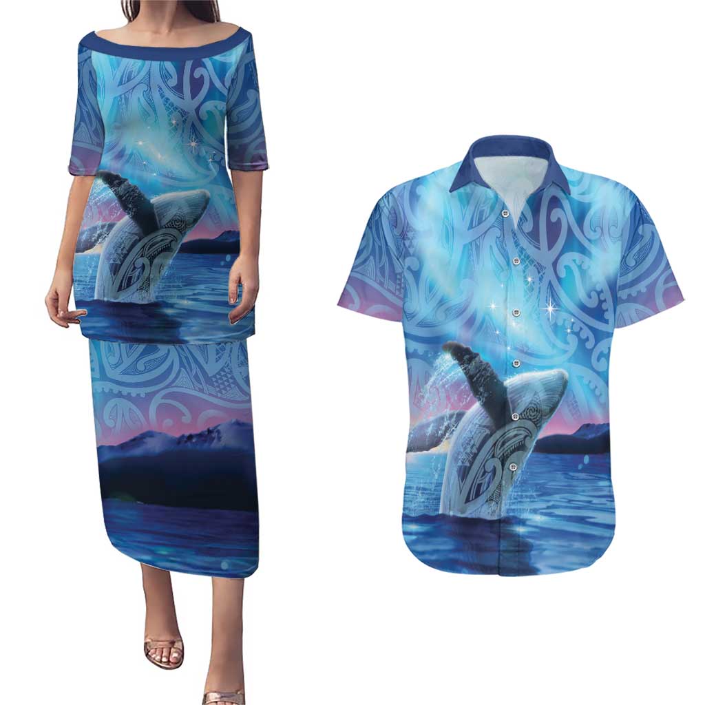New Zealand Matariki Humpback Whale Couples Matching Puletasi and Hawaiian Shirt Paikea Maori New Year Blue Galaxy LT14 Blue - Polynesian Pride
