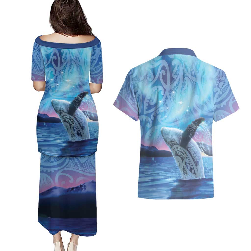 New Zealand Matariki Humpback Whale Couples Matching Puletasi and Hawaiian Shirt Paikea Maori New Year Blue Galaxy LT14 - Polynesian Pride