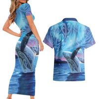 New Zealand Matariki Humpback Whale Couples Matching Short Sleeve Bodycon Dress and Hawaiian Shirt Paikea Maori New Year Blue Galaxy LT14 - Polynesian Pride