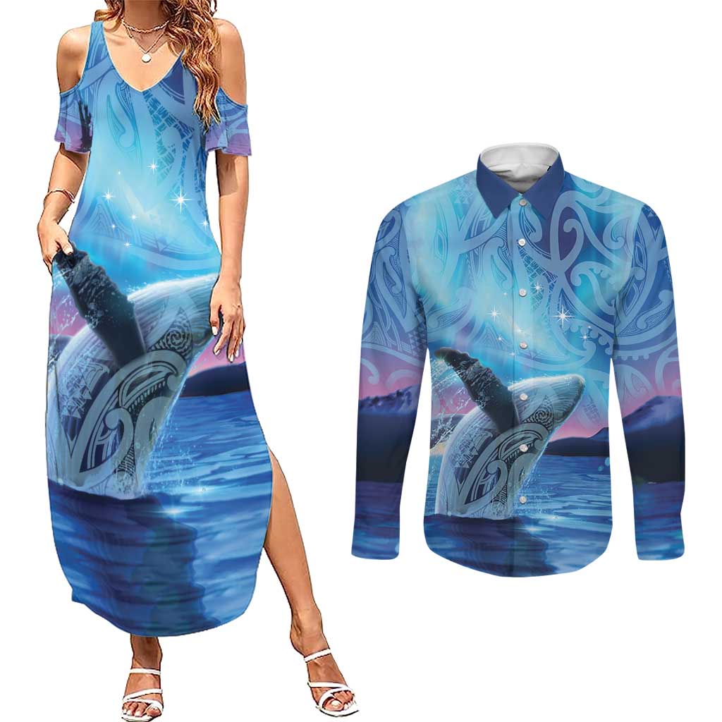 New Zealand Matariki Humpback Whale Couples Matching Summer Maxi Dress and Long Sleeve Button Shirt Paikea Maori New Year Blue Galaxy LT14 Blue - Polynesian Pride