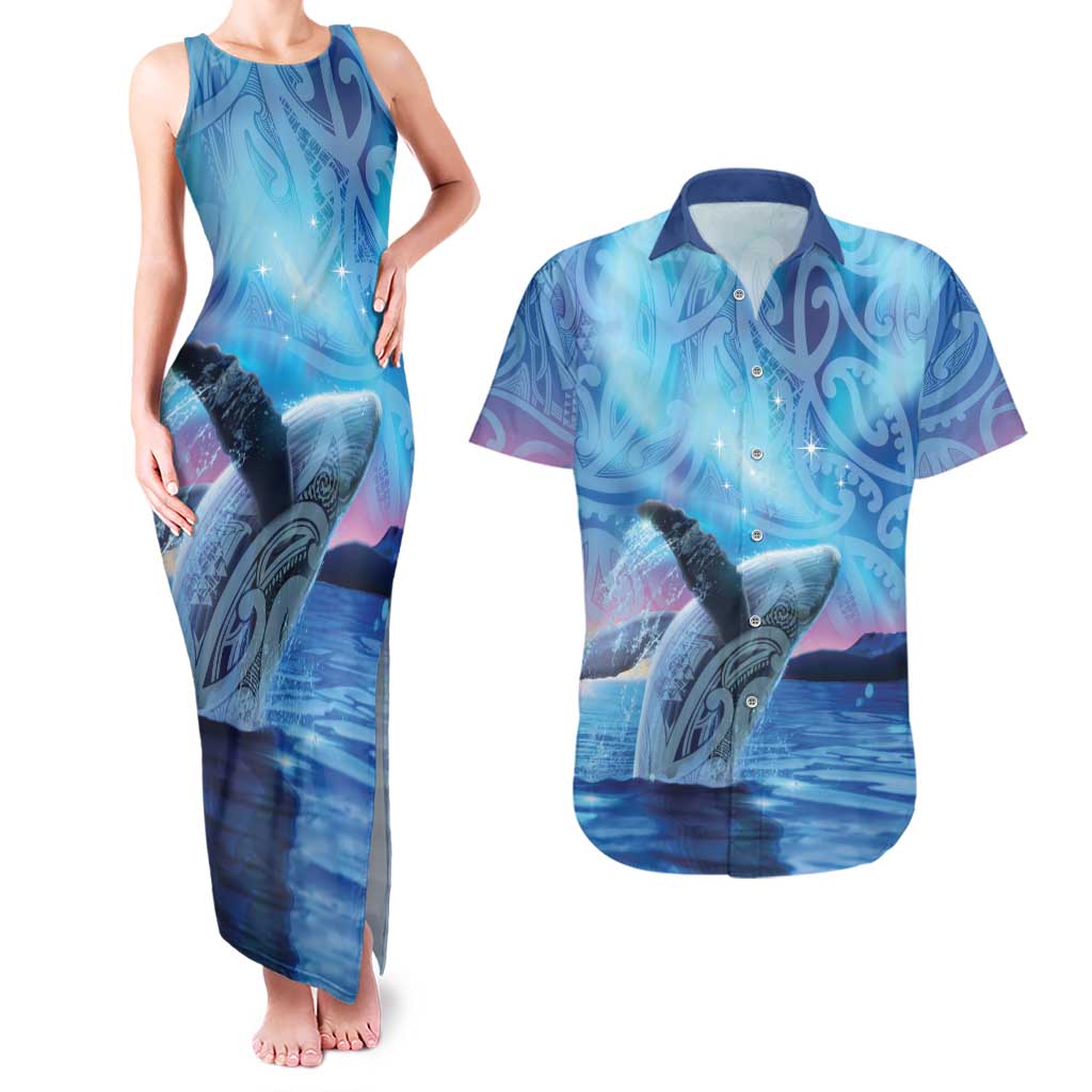 New Zealand Matariki Humpback Whale Couples Matching Tank Maxi Dress and Hawaiian Shirt Paikea Maori New Year Blue Galaxy