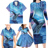 New Zealand Matariki Humpback Whale Family Matching Long Sleeve Bodycon Dress and Hawaiian Shirt Paikea Maori New Year Blue Galaxy LT14 - Polynesian Pride