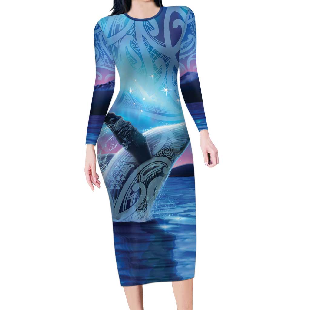 New Zealand Matariki Humpback Whale Family Matching Long Sleeve Bodycon Dress and Hawaiian Shirt Paikea Maori New Year Blue Galaxy LT14 Mom's Dress Blue - Polynesian Pride
