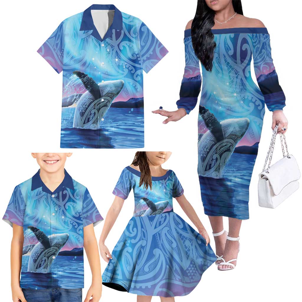 New Zealand Matariki Humpback Whale Family Matching Off The Shoulder Long Sleeve Dress and Hawaiian Shirt Paikea Maori New Year Blue Galaxy LT14 - Polynesian Pride