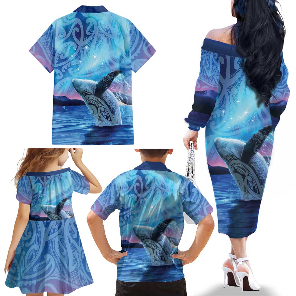 New Zealand Matariki Humpback Whale Family Matching Off The Shoulder Long Sleeve Dress and Hawaiian Shirt Paikea Maori New Year Blue Galaxy LT14 - Polynesian Pride