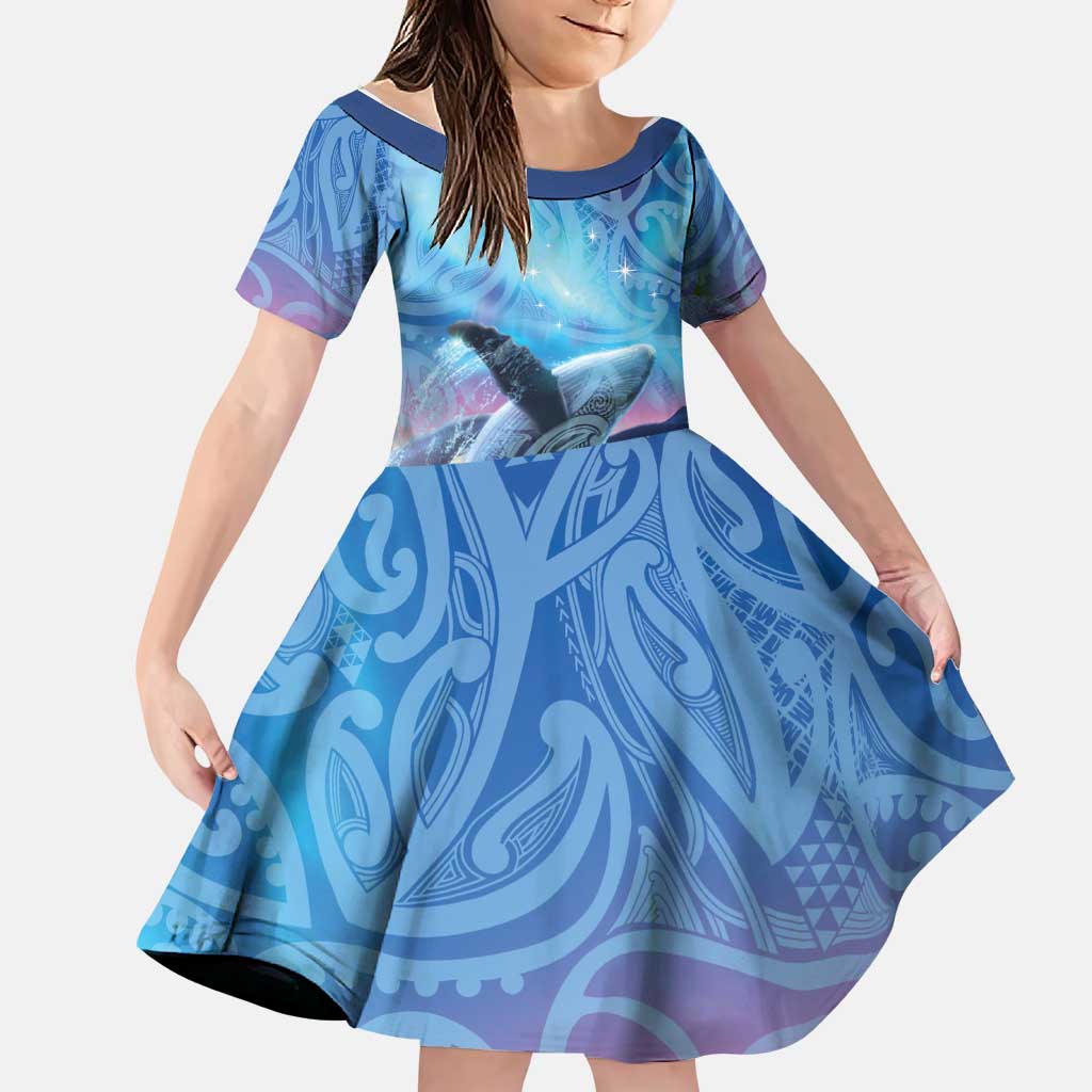 New Zealand Matariki Humpback Whale Family Matching Off Shoulder Maxi Dress and Hawaiian Shirt Paikea Maori New Year Blue Galaxy LT14 Daughter's Dress Blue - Polynesian Pride