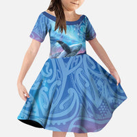New Zealand Matariki Humpback Whale Family Matching Off Shoulder Maxi Dress and Hawaiian Shirt Paikea Maori New Year Blue Galaxy LT14 Daughter's Dress Blue - Polynesian Pride