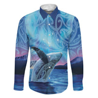 New Zealand Matariki Humpback Whale Family Matching Off Shoulder Maxi Dress and Hawaiian Shirt Paikea Maori New Year Blue Galaxy LT14 Dad's Shirt - Long Sleeve Blue - Polynesian Pride