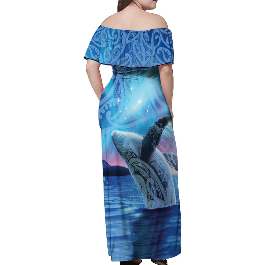 New Zealand Matariki Humpback Whale Family Matching Off Shoulder Maxi Dress and Hawaiian Shirt Paikea Maori New Year Blue Galaxy LT14 - Polynesian Pride