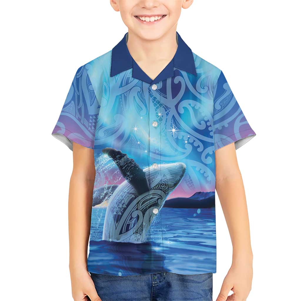 New Zealand Matariki Humpback Whale Family Matching Off Shoulder Maxi Dress and Hawaiian Shirt Paikea Maori New Year Blue Galaxy LT14 Son's Shirt Blue - Polynesian Pride