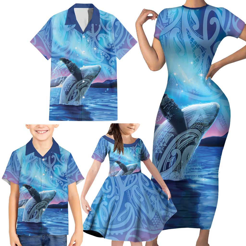 New Zealand Matariki Humpback Whale Family Matching Short Sleeve Bodycon Dress and Hawaiian Shirt Paikea Maori New Year Blue Galaxy LT14 - Polynesian Pride