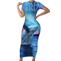 New Zealand Matariki Humpback Whale Family Matching Short Sleeve Bodycon Dress and Hawaiian Shirt Paikea Maori New Year Blue Galaxy LT14 Mom's Dress Blue - Polynesian Pride