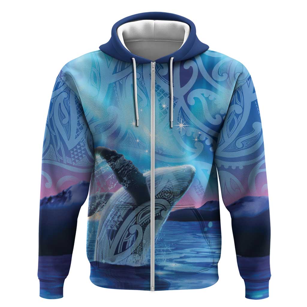 New Zealand Matariki Humpback Whale Hoodie Paikea Maori New Year Blue Galaxy LT14 Zip Hoodie Blue - Polynesian Pride