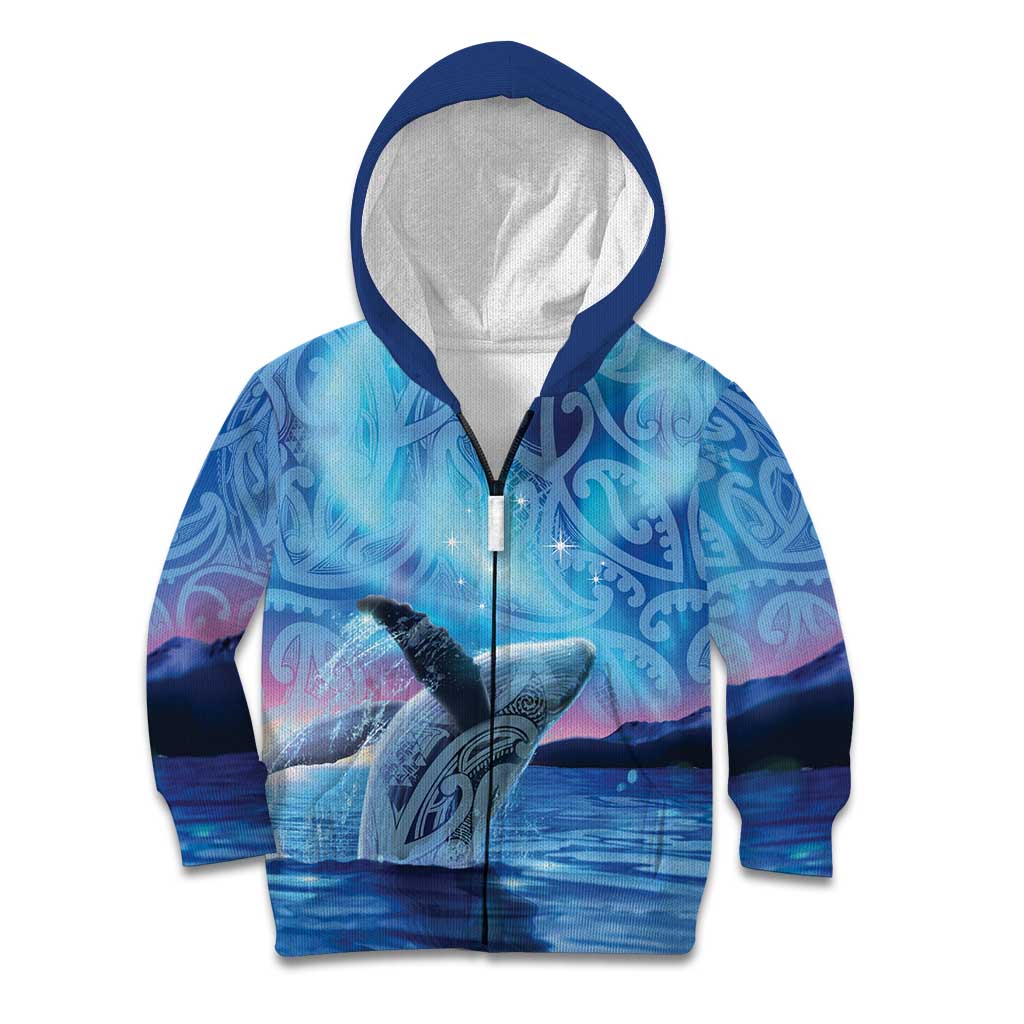 New Zealand Matariki Humpback Whale Kid Hoodie Paikea Maori New Year Blue Galaxy LT14 Zip Hoodie Blue - Polynesian Pride