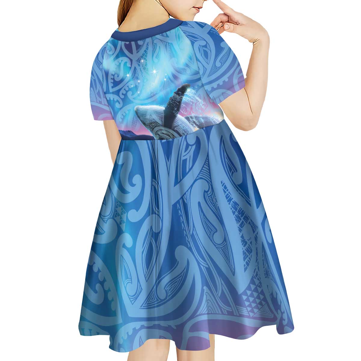 New Zealand Matariki Humpback Whale Kid Short Sleeve Dress Paikea Maori New Year Blue Galaxy LT14 - Polynesian Pride