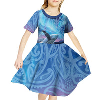 New Zealand Matariki Humpback Whale Kid Short Sleeve Dress Paikea Maori New Year Blue Galaxy LT14 - Polynesian Pride
