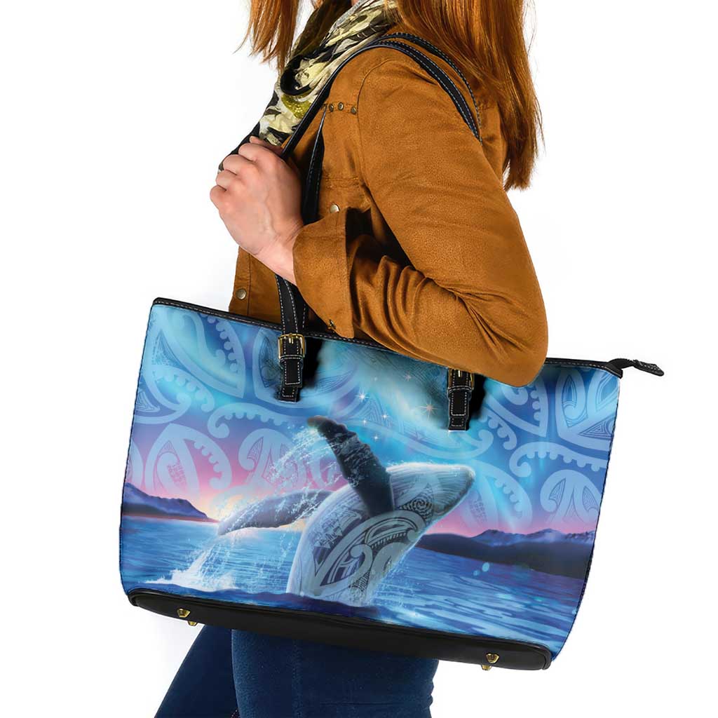 New Zealand Matariki Humpback Whale Leather Tote Bag Paikea Maori New Year Blue Galaxy